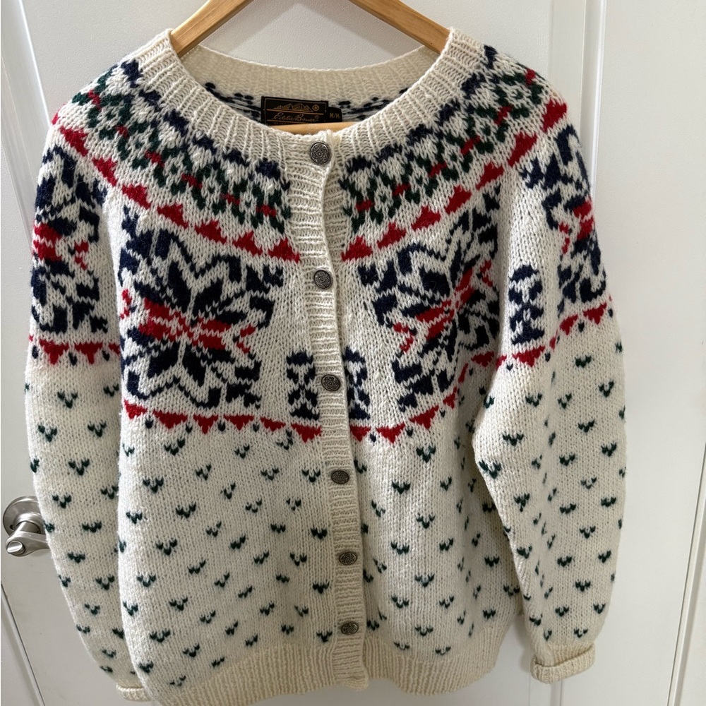 Eddie Bauer 100% Wool Fair Isle Size M Cardigan With Buttons Vintage 1990’s